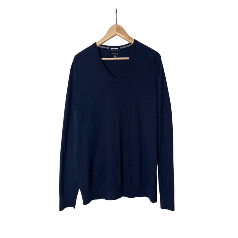 Express Merino Wool Blend Sweater Men's V-Neck Pullover Navy Stretch L